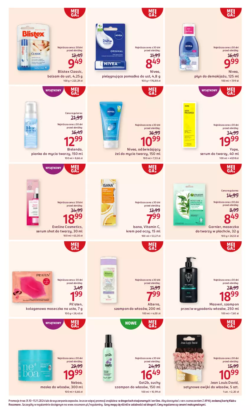 Gazetka promocyjna Rossmann - 31 października - ważna 31.10 do 15.11.2024 - strona 8 - produkty: Alterra, Balsam do ust, Bielenda, Eveline, Garnier, Got2b, Isana, Kolagen, Krem pod oczy, Makijaż, Maska, Maska do włosów, Nivea, Owijki, Pianka do mycia twarzy, Rum, Ser, Serum, Serum do twarzy, Suchy szampon, Szampon, Yope