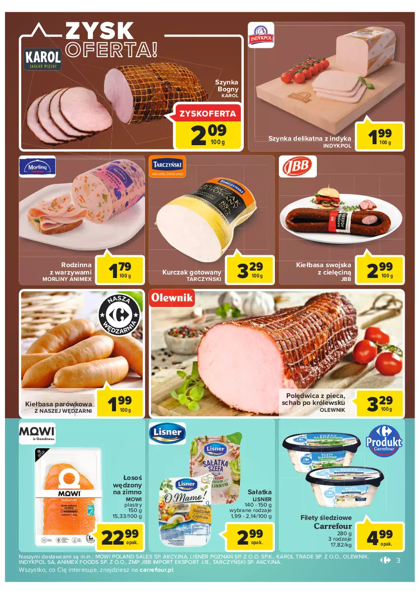 Gazetka promocyjna Carrefour - Gazetka Carrefour - ważna 11.01 do 23.01.2022 - strona 3 - produkty: Kiełbasa, Kurczak, Kurczak gotowany, Lisner, Morliny, Olewnik, Piec, Polędwica, Por, Sałat, Sałatka, Sport, Szynka, Tarczyński, Warzywa