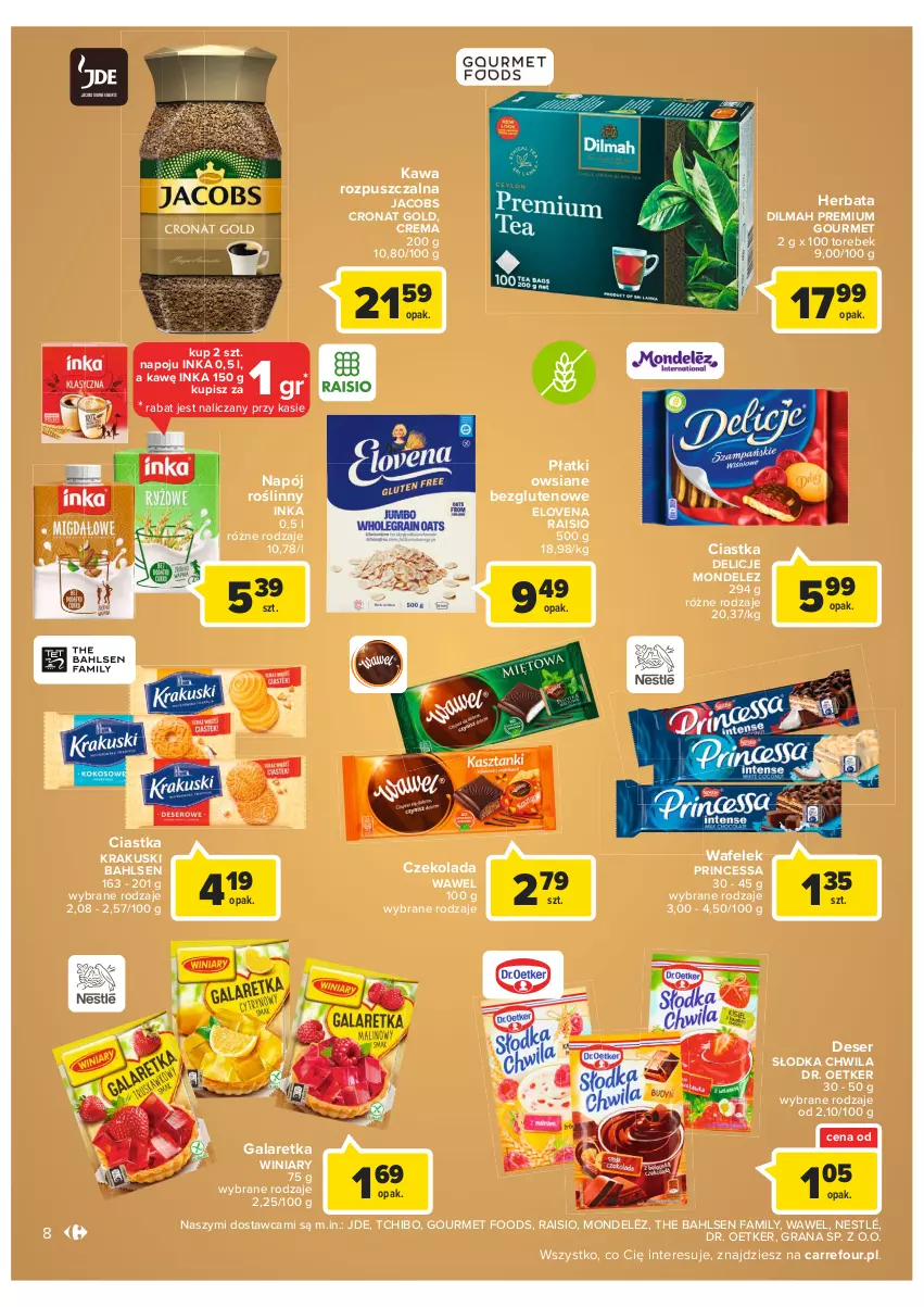 Gazetka promocyjna Carrefour - Gazetka Carrefour - ważna 11.01 do 23.01.2022 - strona 8 - produkty: Ciastka, Czekolada, Delicje, Deser, Dilmah, Dr. Oetker, Fa, Gala, Galaretka, Gra, Herbata, Inka, Jacobs, Kawa, Kawa rozpuszczalna, Krakus, Krakuski, Napój, Napój roślinny, Nestlé, Płatki owsiane, Princessa, Ser, Słodka Chwila, Tchibo, Wafelek, Wawel, Winiary