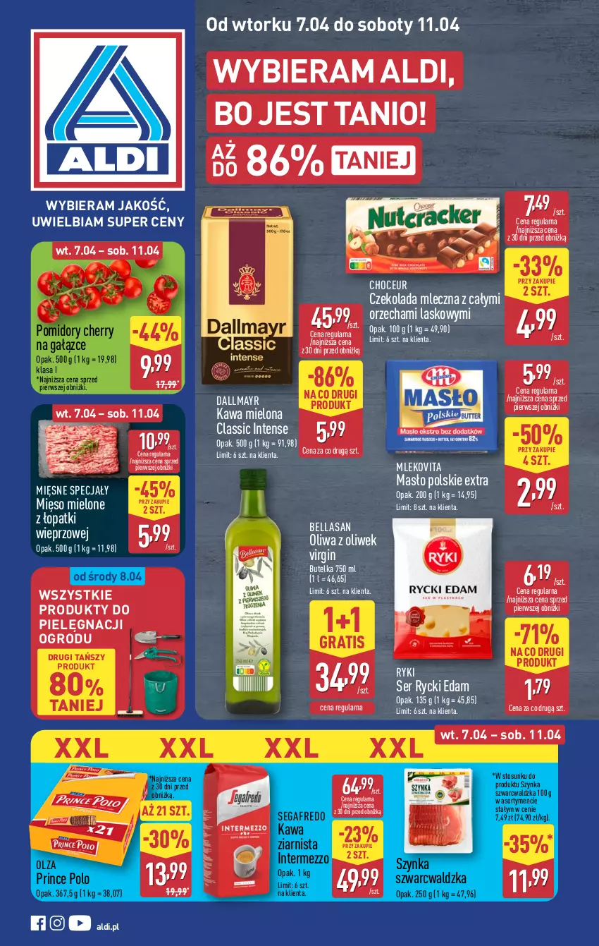 Gazetka promocyjna Aldi - Pełna oferta - ważna 07.04 do 11.04.2026 - strona 1 - produkty: Bell, Bella, Czekolada, Czekolada mleczna, Dallmayr, Edam, Gin, Gra, Kawa, Kawa mielona, Kawa ziarnista, Masło, Mięsne specjały, Mięso, Mięso mielone, Mięso mielone z łopatki wieprzowej, Mleko, Mlekovita, Oliwa, Oliwa z oliwek, Pomidory, Prince Polo, Rycki Edam, Segafredo, Ser, Szynka