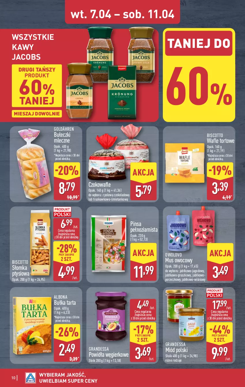Gazetka promocyjna Aldi - Pełna oferta - ważna 07.04 do 11.04.2026 - strona 10 - produkty: Albona, Bułeczki, Bułeczki mleczne, Bułka, Bułka tarta, Gra, Jacobs, Miód, Mus, Por, Tarta, Wafle, Wafle tortowe