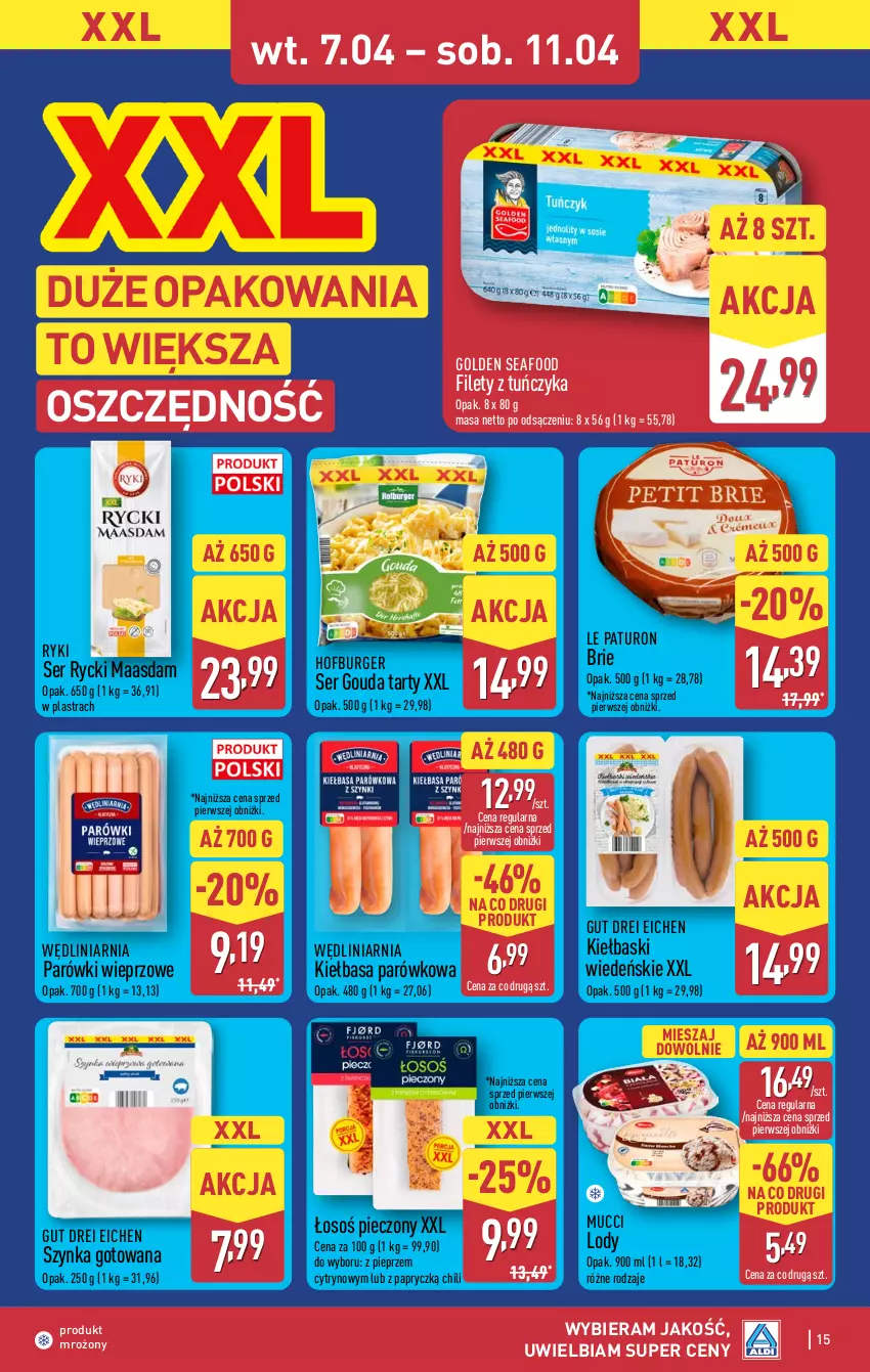Gazetka promocyjna Aldi - Pełna oferta - ważna 07.04 do 11.04.2026 - strona 15 - produkty: Brie, Burger, Golden Seafood, Gouda, Hofburger, Kiełbasa, Lody, Maasdam, Parówki, Piec, Pieprz, Ser, Szynka, Tuńczyk