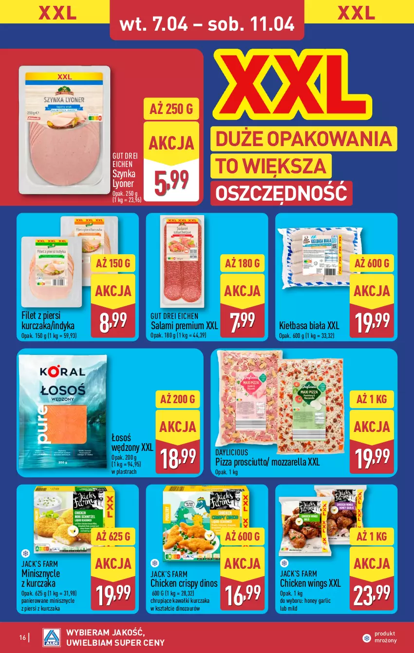 Gazetka promocyjna Aldi - Pełna oferta - ważna 07.04 do 11.04.2026 - strona 16 - produkty: Dinozaur, Fa, Filet z piersi kurczaka, Kawa, Kiełbasa, Kiełbasa biała, Kurczak, Mozzarella, Pizza, Prosciutto, Salami, Szynka