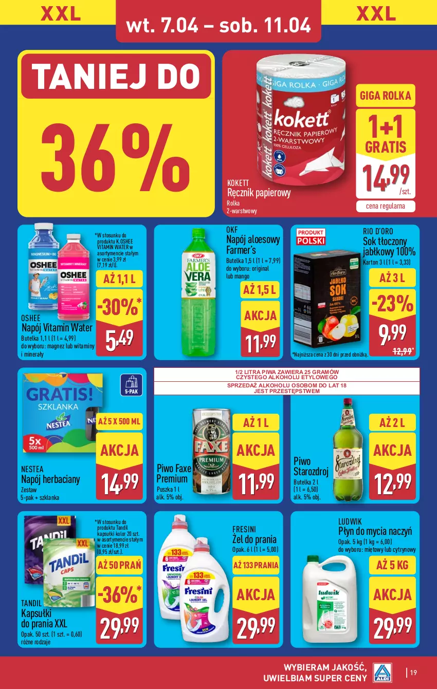 Gazetka promocyjna Aldi - Pełna oferta - ważna 07.04 do 11.04.2026 - strona 19 - produkty: Do mycia naczyń, Fa, Gin, Gra, Kapsułki do prania, Ludwik, Magnez, Mango, Napój, Nestea, Oshee, Papier, Piwa, Piwo, Płyn do mycia, Płyn do mycia naczyń, Ręcznik, Sok, Szklanka