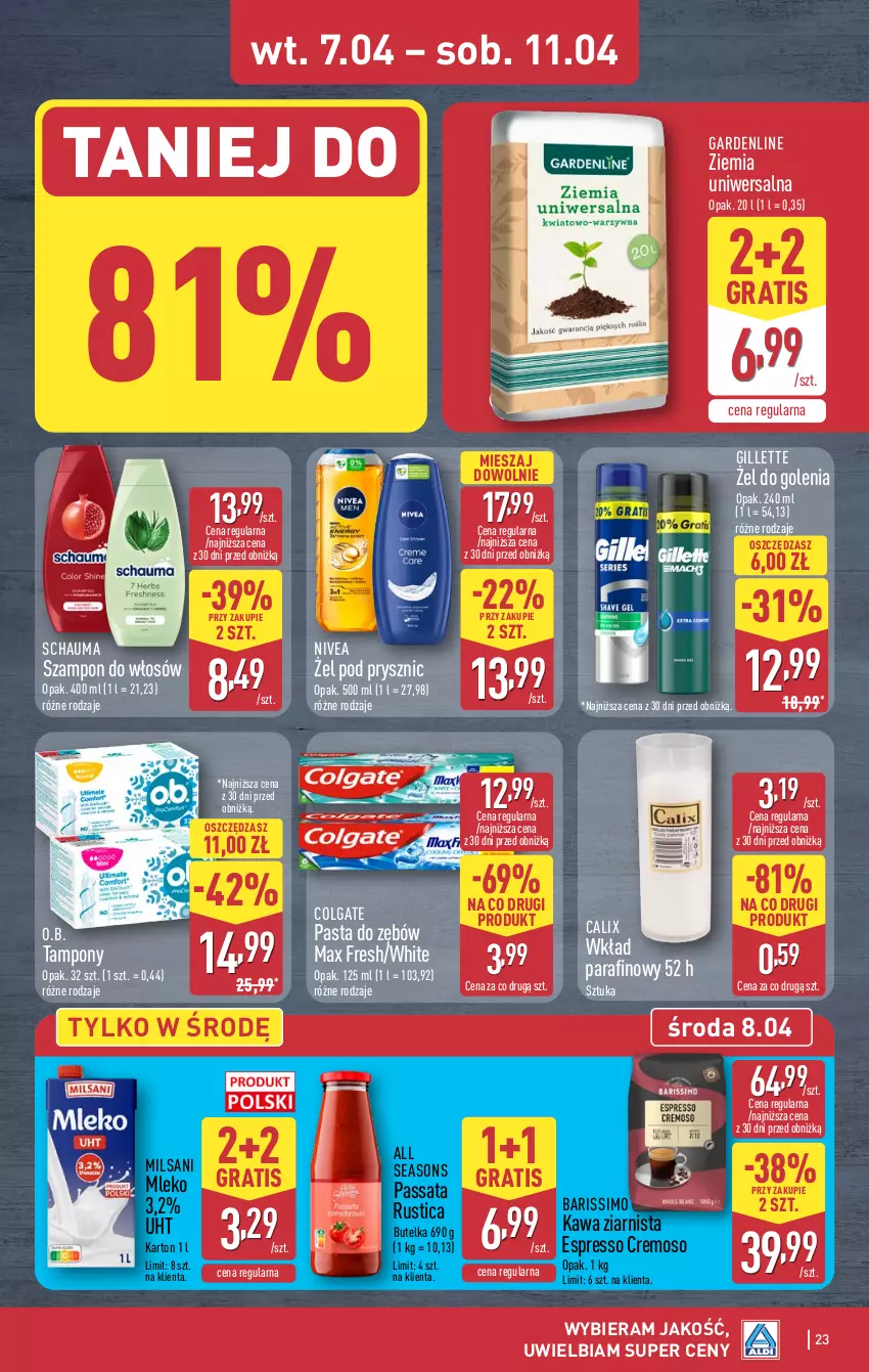 Gazetka promocyjna Aldi - Pełna oferta - ważna 07.04 do 11.04.2026 - strona 23 - produkty: All Seasons, Colgate, Gillette, Gra, Kawa, Kawa ziarnista, LG, Mleko, Nivea, O.B., Pasta do zębów, Rust, Schauma, Szampon, Tampony