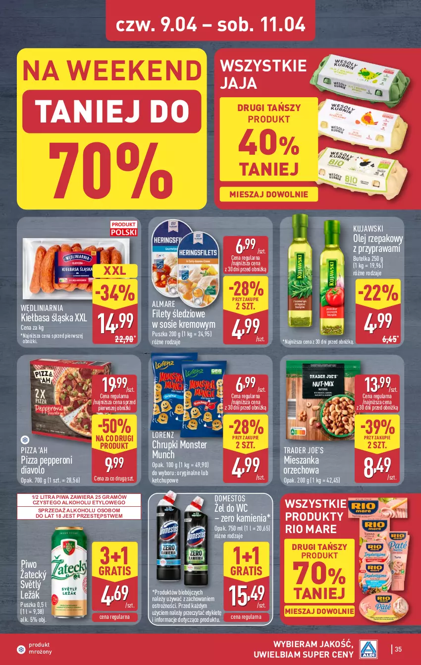 Gazetka promocyjna Aldi - Pełna oferta - ważna 07.04 do 11.04.2026 - strona 35 - produkty: Chrupki, Domestos, Gin, Gra, Jaja, Ketchup, Kiełbasa, Kiełbasa śląska, Kujawski, Lorenz, Mieszanka orzechowa, Monster Munch, Olej, Olej rzepakowy, Piwa, Piwo, Pizza, Rio Mare, Sos