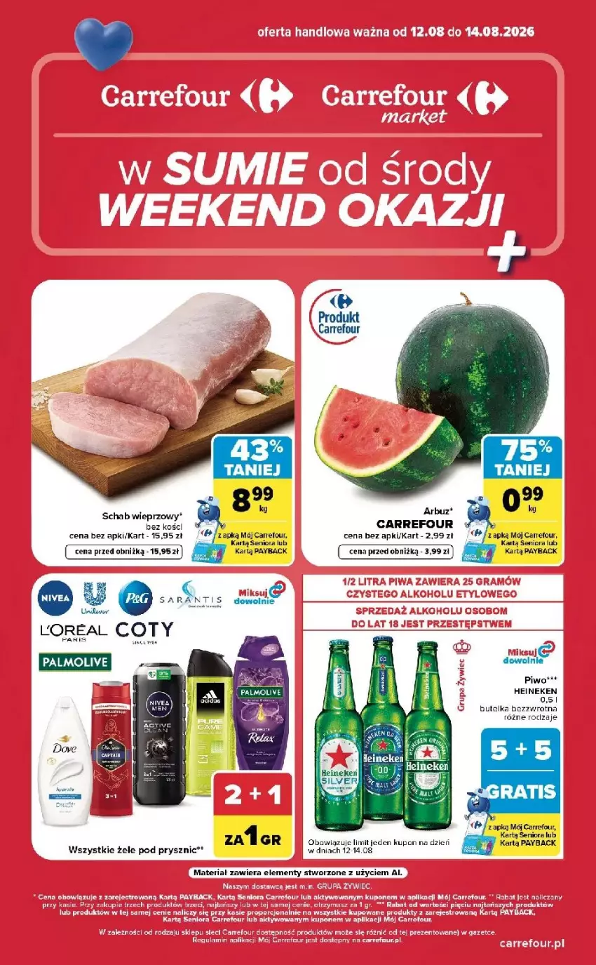 Gazetka promocyjna Carrefour - Gazetka Carrefour, Market w SUMIE od środy WEEKEND OKAZJI - ważna 12.08 do 14.08.2026 - strona 1 - produkty: Arbuz, Fa, Feta, Heineken, Laur, LG, Palmolive, Piwa, Schab wieprzowy