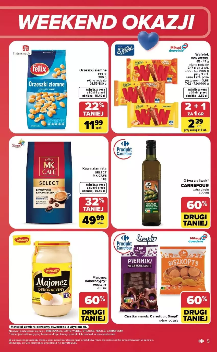 Gazetka promocyjna Carrefour - Gazetka Carrefour, Market w SUMIE od środy WEEKEND OKAZJI - ważna 12.08 do 14.08.2026 - strona 5 - produkty: Ciastka, Fa, Felix, Kawa, Kawa ziarnista, Majonez, Oliwa, Orzeszki, Orzeszki ziemne, Puf, Wafelek, Winiary