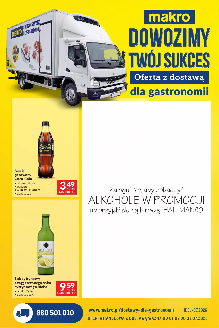 Gazetka promocyjna Makro - Dostawy dla gastronomii - ważna 01.07 do 31.07.2026 - strona 1 - produkty: Alkohole, Coca-Cola, JBL, Likier, Mus, Napój, Napój gazowany, Pilsner Urquell, Piwo, Prosecco, Rioba, Rum, Sok, Top, Wino, Wino musujące