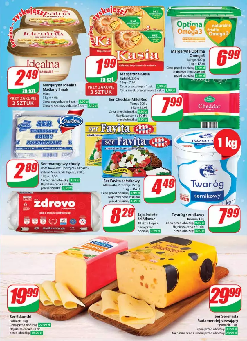 Gazetka promocyjna Dino - Gazetka 1 - ważna 03.01 do 09.01.2024 - strona 15 - produkty: Edam, Fa, Favita, Jaja, Kasia, Margaryna, Mleko, Mlekovita, Optima, Optima Omega3, Polmiek, Radamer, Sałat, Ser, Ser twarogowy, Twaróg