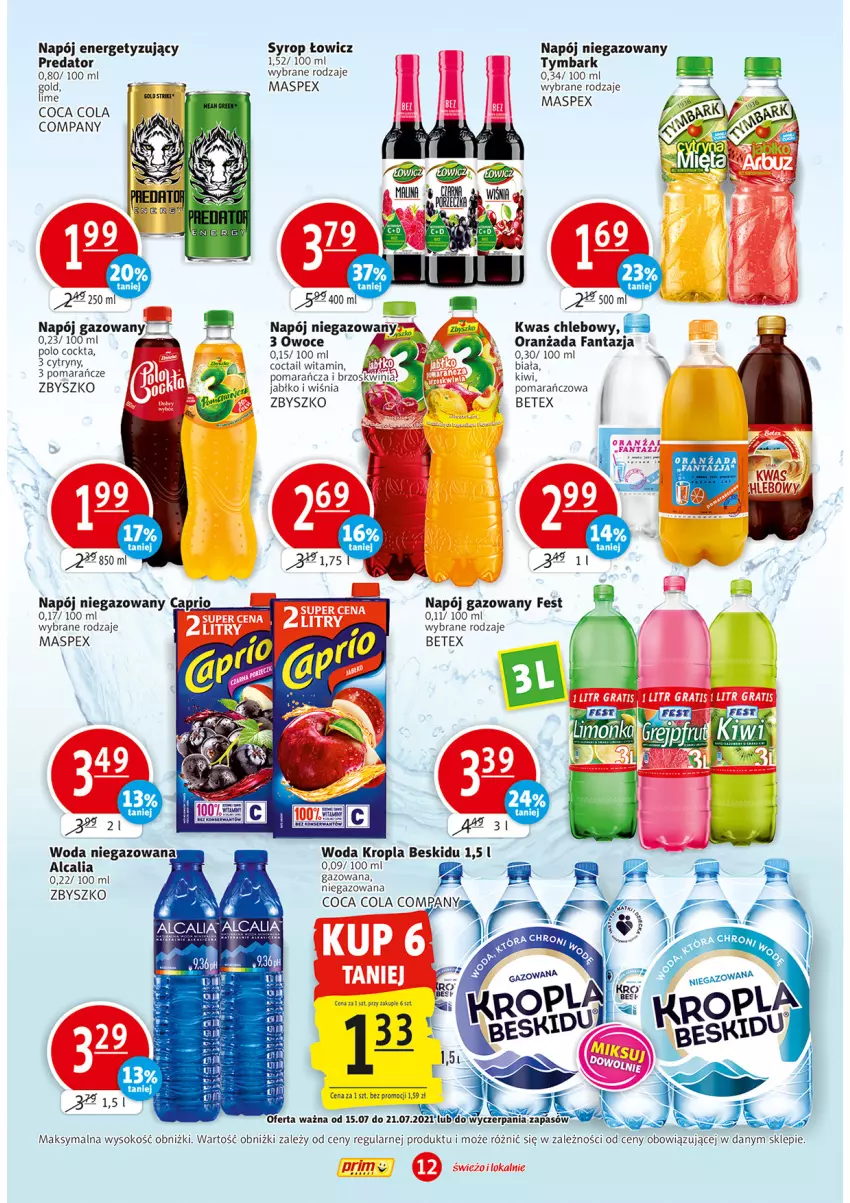 Gazetka promocyjna Prim Market - Gazetka - ważna 15.07 do 21.07.2021 - strona 12 - produkty: Chleb, Cytryny, Fa, Fanta, Kiwi, Napój, Napój gazowany, Napój niegazowany, Oranżada, Owoce, Pomarańcze, Sok, Syrop, Tymbark, Woda, Woda niegazowana