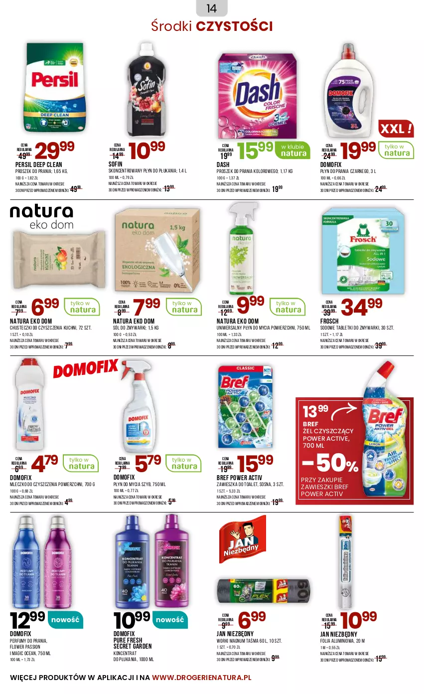 Gazetka promocyjna Drogerie Natura - Gazetka Drogerie Natura - ważna 05.06 do 22.06.2025 - strona 14 - produkty: Bref, Chusteczki, Chusteczki do czyszczenia, Folia aluminiowa, Frosch, Jan Niezbędny, Mleczko, Perfum, Persil, Płyn do mycia, Płyn do płukania, Płyn do prania, Proszek do prania, Pur, Sól, Sos, Tablet, Tabletki do zmywarki, Zawieszki, Zmywarki