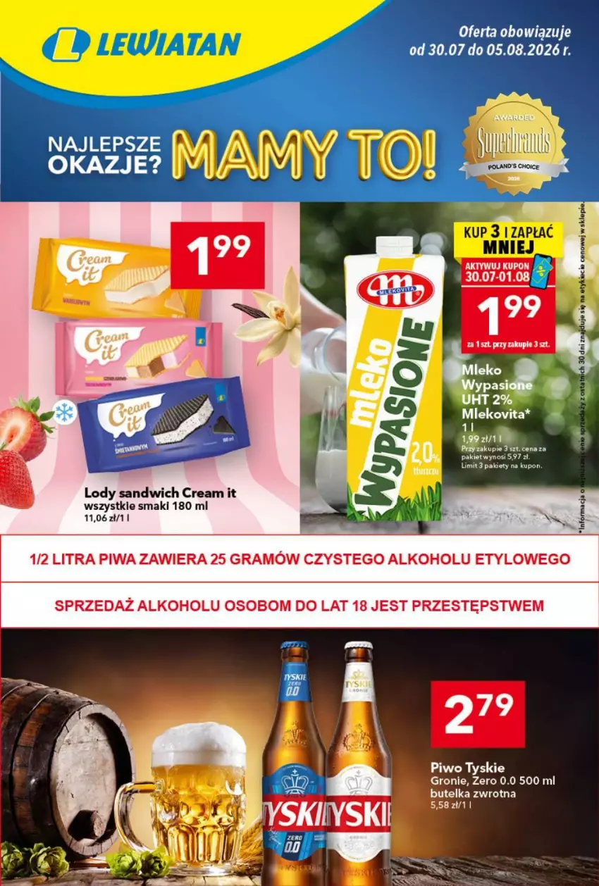 Gazetka promocyjna Lewiatan - Gazetka ogólnopolska - ważna 30.07 do 05.08.2026 - strona 1 - produkty: Lody, Piwo, Tyskie