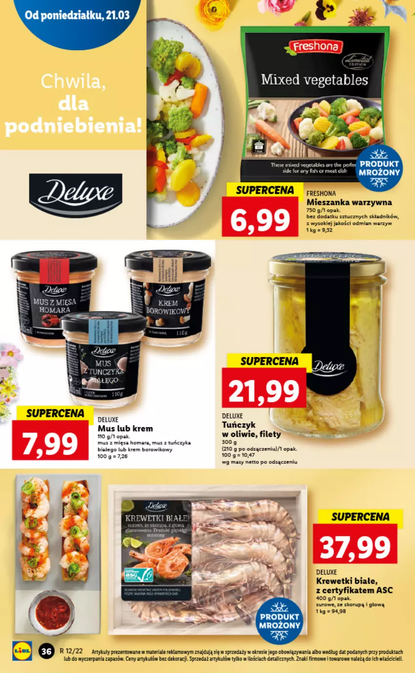 Gazetka promocyjna Lidl - GAZETKA - ważna 21.03 do 23.03.2022 - strona 36 - produkty: Krewetki, Mieszanka warzyw, Mus, Sok, Tuńczyk, Wiko