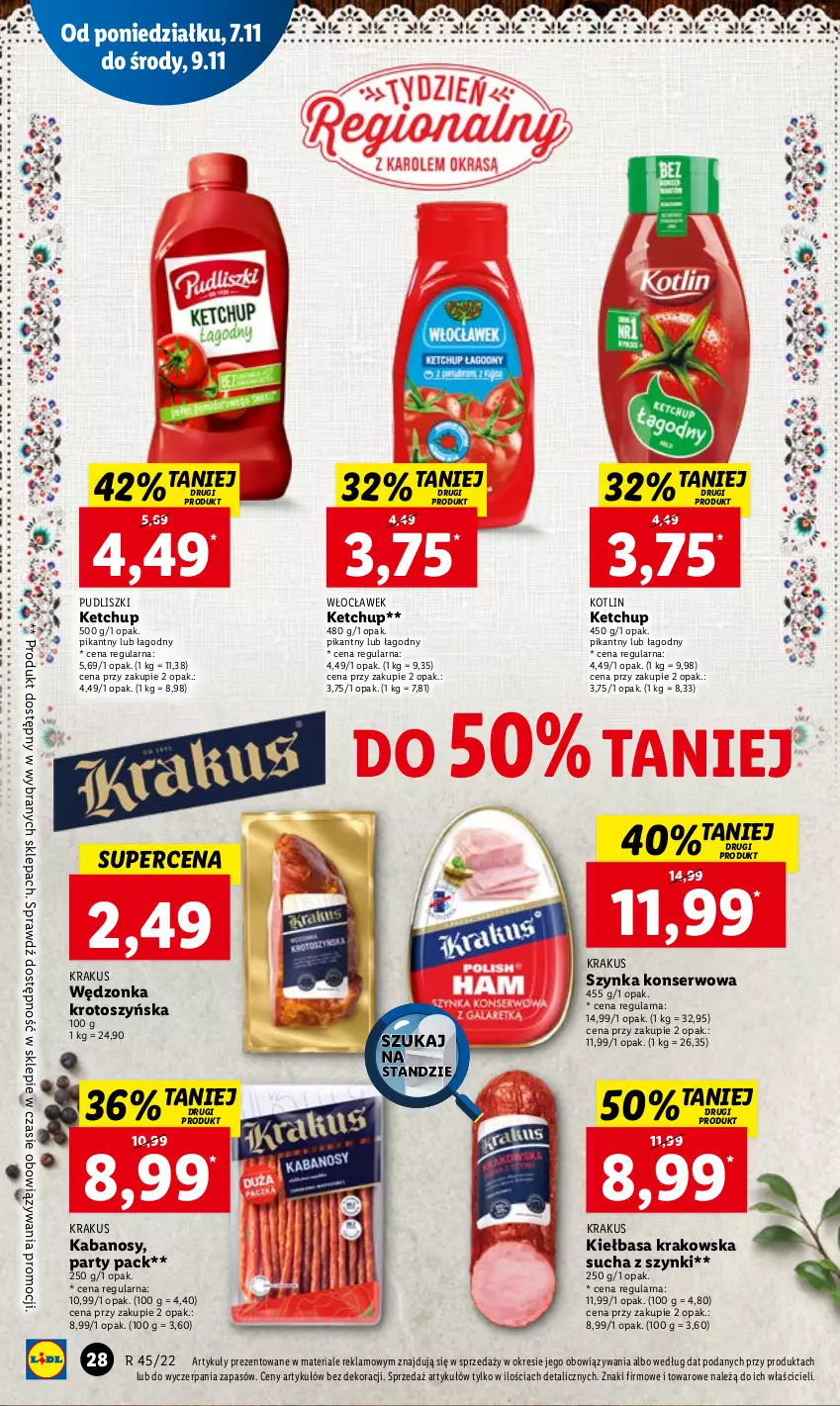 Gazetka promocyjna Lidl - GAZETKA - ważna 07.11 do 09.11.2022 - strona 32 - produkty: Kabanos, Ketchup, Kiełbasa, Kiełbasa krakowska, Kotlin, Krakus, Pudliszki, Ser, Szynka, Szynka konserwowa