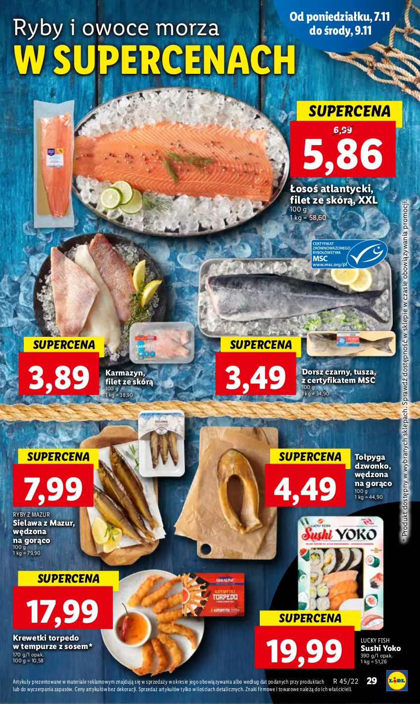 Gazetka promocyjna Lidl - GAZETKA - ważna 07.11 do 09.11.2022 - strona 33 - produkty: Dorsz, Krewetki, Owoce, Owoce morza, Pur, Ryby i owoce morza, Sos, Sushi, Tołpyga, Tusz