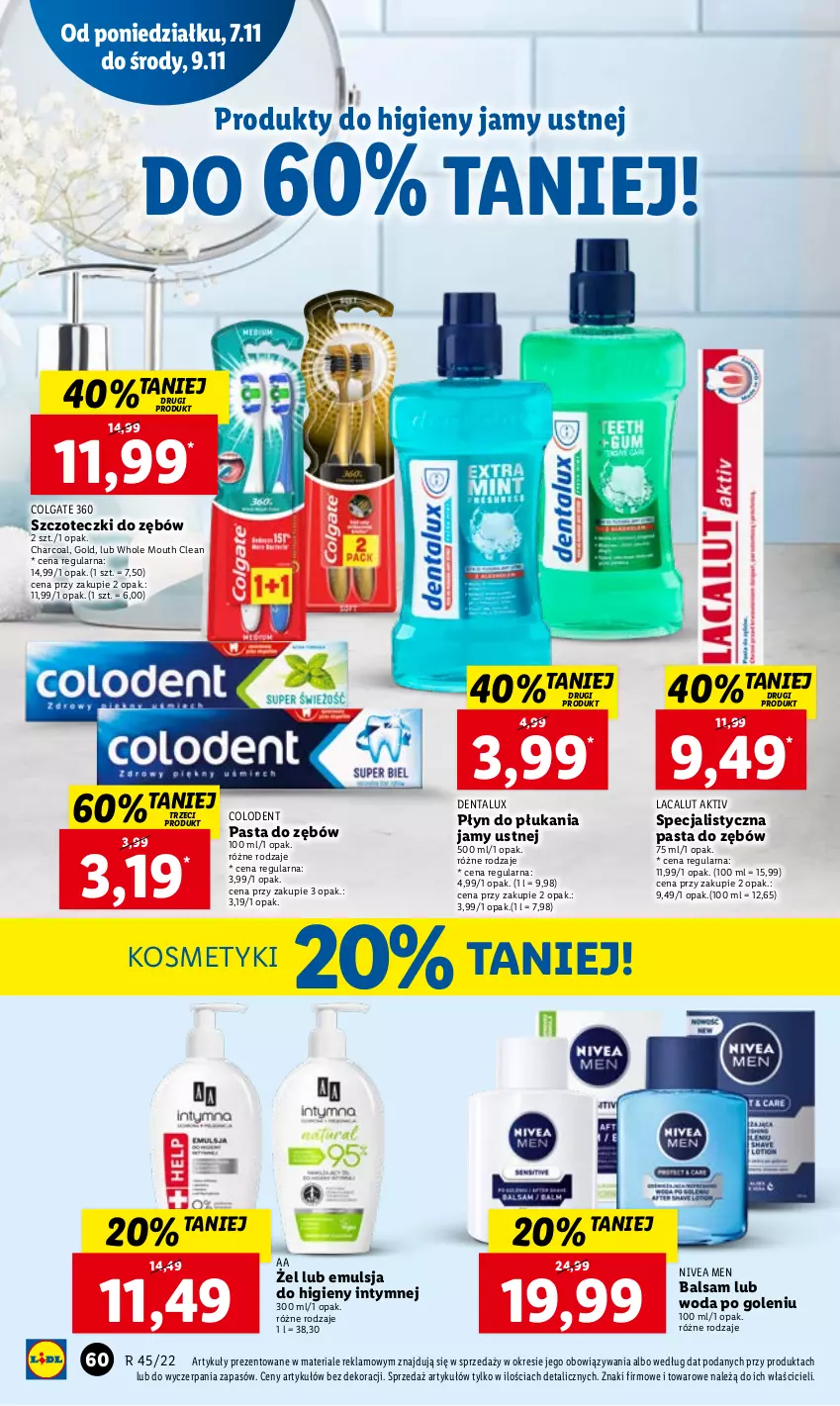 Gazetka promocyjna Lidl - GAZETKA - ważna 07.11 do 09.11.2022 - strona 66 - produkty: Colgate, Emulsja, Lacalut, LG, Nivea, Nivea Men, Pasta do zębów, Płyn do płukania, Płyn do płukania jamy ustnej, Woda, Woda po goleniu