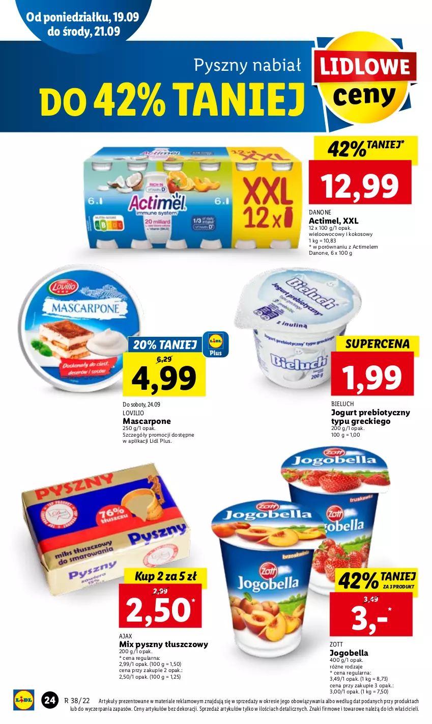 Gazetka promocyjna Lidl - GAZETKA - ważna 19.09 do 21.09.2022 - strona 26 - produkty: Actimel, Ajax, Bell, Bella, Bieluch, Danone, Jogobella, Jogurt, Kokos, Lovi, Mascarpone, Por, Zott