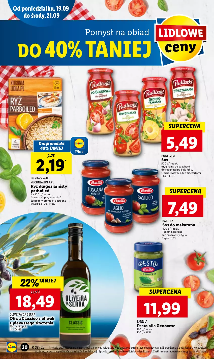 Gazetka promocyjna Lidl - GAZETKA - ważna 19.09 do 21.09.2022 - strona 32 - produkty: Barilla, Gin, Kuchnia, Makaron, Oliwa, Pesto, Piec, Pieczarka, Pudliszki, Ryż, Ser, Sos, Sos do makaronu, Spaghetti