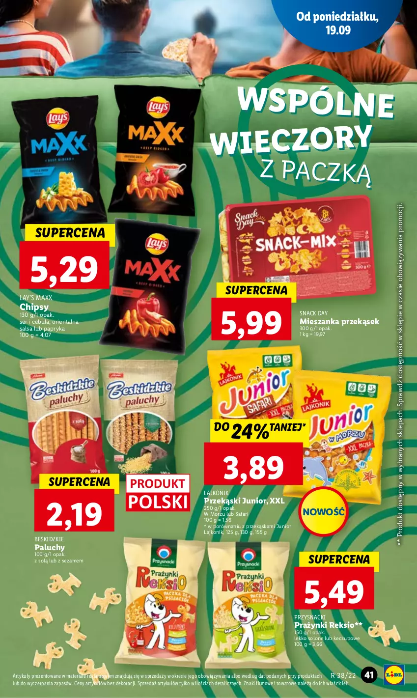 Gazetka promocyjna Lidl - GAZETKA - ważna 19.09 do 21.09.2022 - strona 43 - produkty: Beskidzki, Cebula, Chipsy, Fa, Lajkonik, Lay’s, Papryka, Por, Przysnacki, Salsa, Ser, Sezam