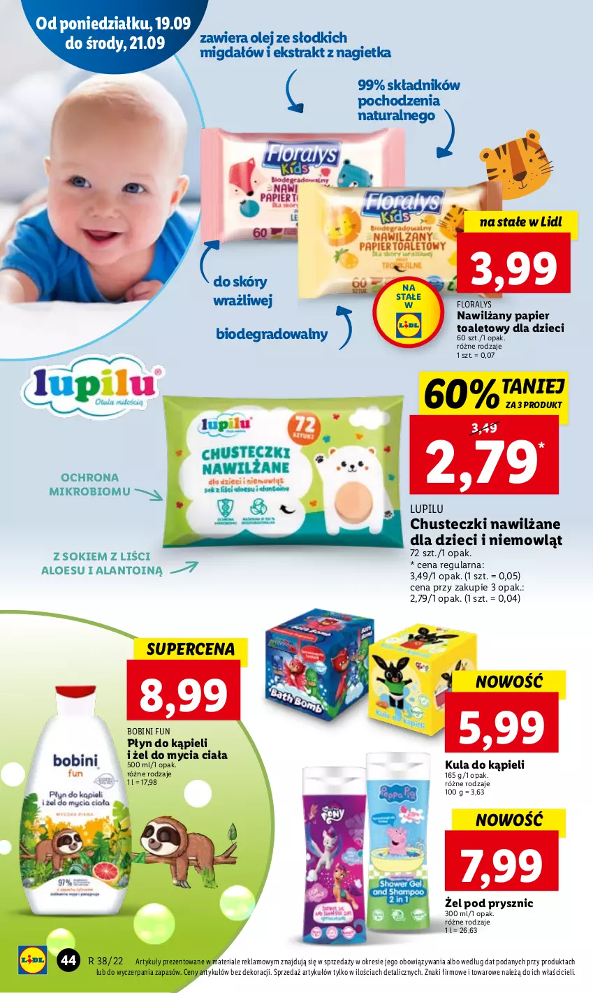 Gazetka promocyjna Lidl - GAZETKA - ważna 19.09 do 21.09.2022 - strona 46 - produkty: Chusteczki, Dzieci, Flora, Gra, Kula do kąpieli, Nawilżany papier, Olej, Papier, Papier toaletowy, Płyn do kąpieli, Sok