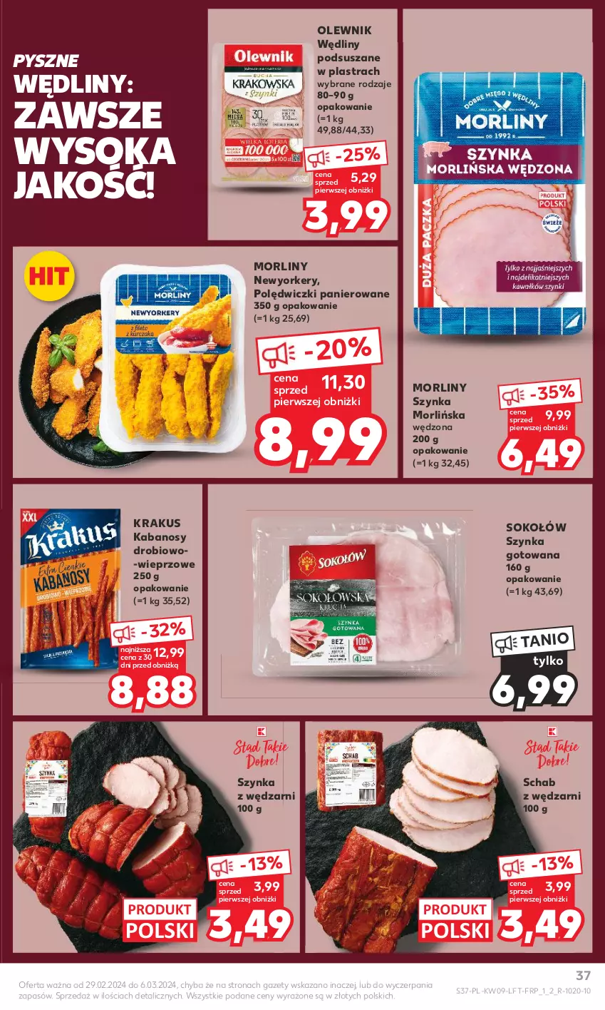 Gazetka promocyjna Kaufland - Gazetka tygodnia - ważna 29.02 do 06.03.2024 - strona 37 - produkty: Kabanos, Krakus, Morliny, Olewnik, Polędwiczki panierowane, Sok, Sokołów, Szynka