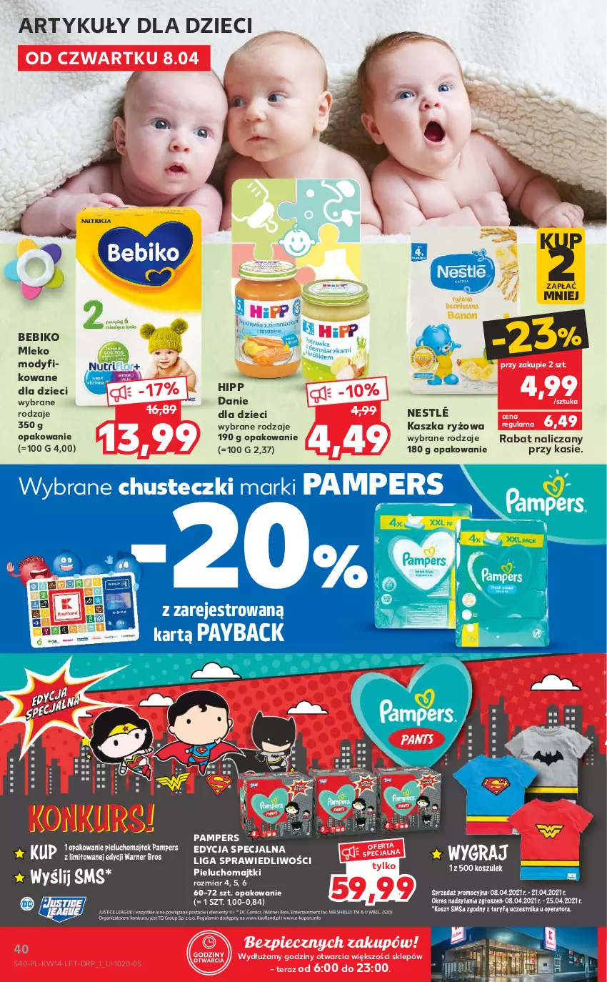 Gazetka promocyjna Kaufland - ważna 08.04 do 14.04.2021 - strona 40 - produkty: Bebiko, Chusteczki, Danie dla dzieci, Dzieci, HiPP, Majtki, Mleko, Mleko modyfikowane, Nestlé, Pampers, Piec, Pieluchomajtki, Ryż, Tera