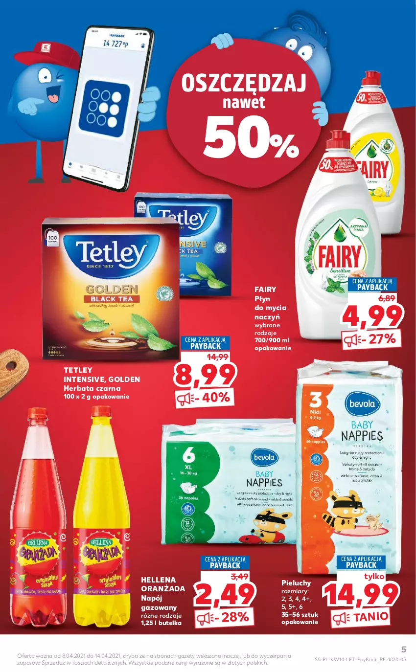 Gazetka promocyjna Kaufland - ważna 08.04 do 14.04.2021 - strona 5 - produkty: Do mycia naczyń, Fa, Fairy, Hellena, Herbata, Herbata czarna, Napój, Napój gazowany, Oranżada, Pieluchy, Płyn do mycia, Płyn do mycia naczyń, Tetley