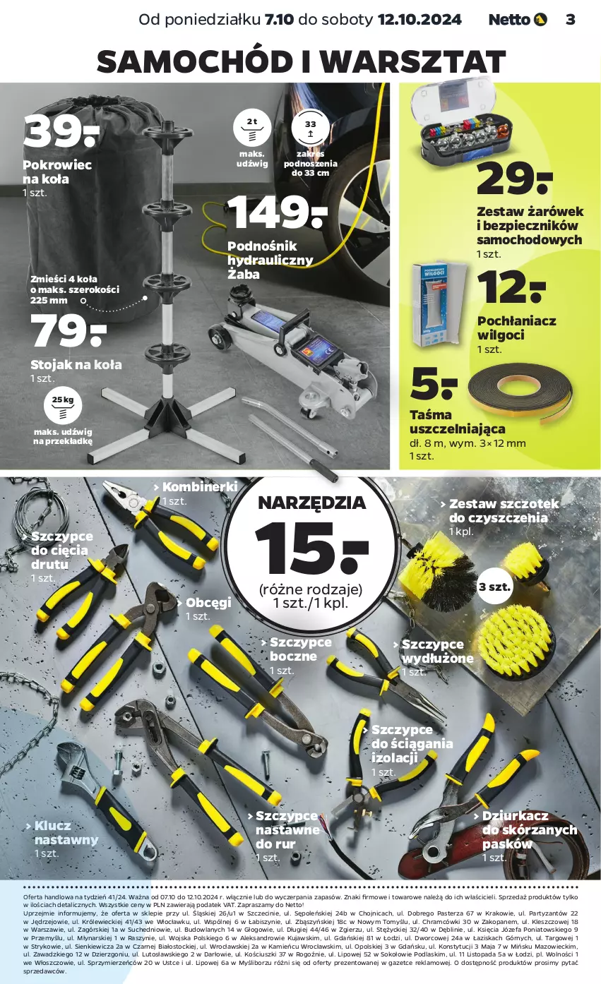 Gazetka promocyjna Netto - Od Poniedziałku Przemysłowa - ważna 07.10 do 12.10.2024 - strona 3 - produkty: Dźwig, Fa, Kujawski, LG, Piec, Pochłaniacz wilgoci, Podlaski, Pokrowiec, Samochód, Sok, Stock, Stojak, Szczypce, Taśma uszczelniająca, Top, Zestaw żarówek