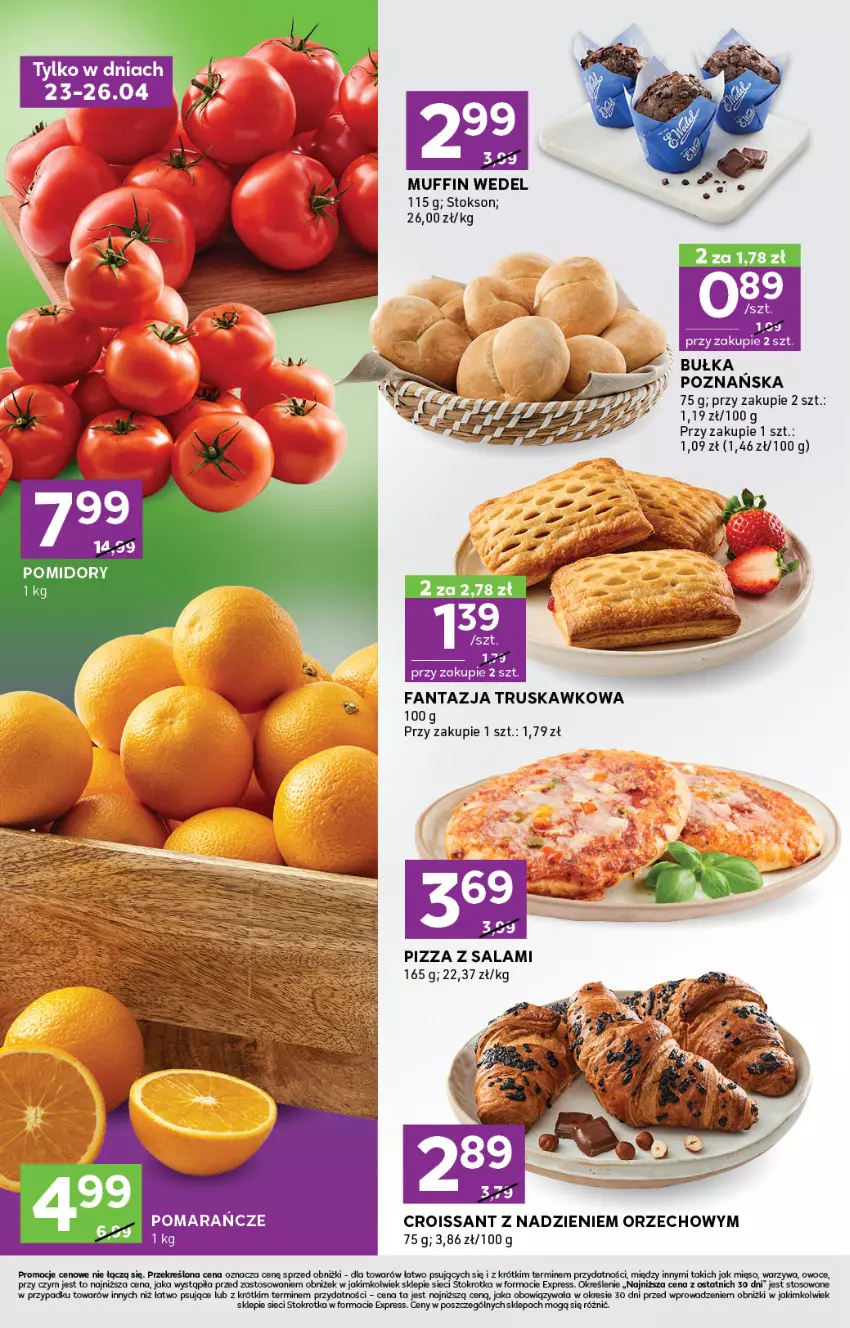 Gazetka promocyjna Stokrotka - Stokrotka Express - ważna 23.04 do 28.04.2025 - strona 2 - produkty: Bułka, Croissant, Fa, Fanta, LG, Mięso, Owoce, Pizza, Pomarańcze, Salami, Warzywa