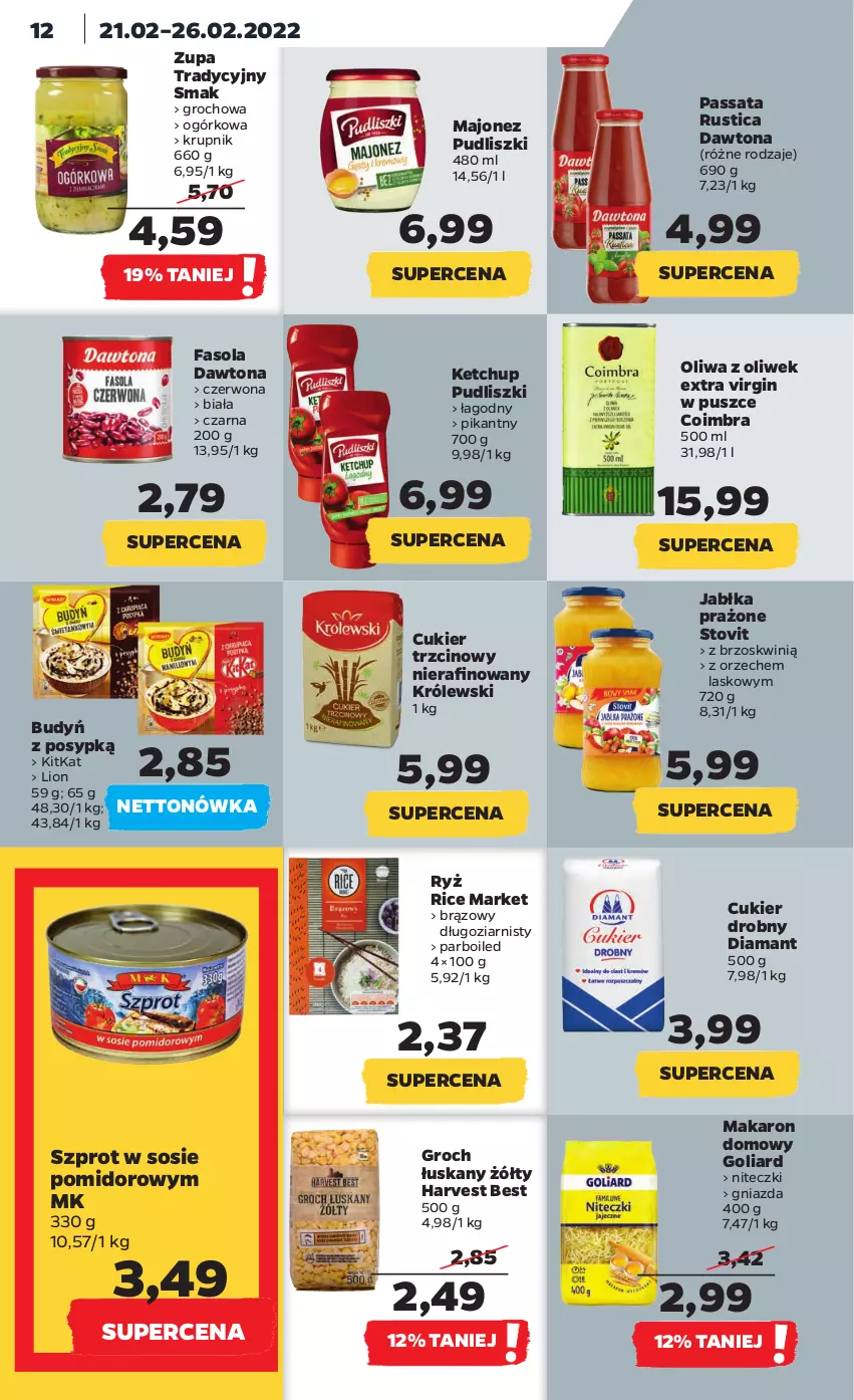 Gazetka promocyjna Netto - Gazetka spożywcza - ważna 21.02 do 26.02.2022 - strona 12 - produkty: Budyń, Cukier, Cukier trzcinowy, Dawtona, Diamant, Fa, Fasola, Gin, Goliard, Groch, Jabłka, Jabłka prażone, Ketchup, Królewski, Krupnik, Lion, Majonez, Makaron, Oliwa z oliwek, Pudliszki, Rust, Ryż, Sos, Szprot, Szprot w sosie, Zupa