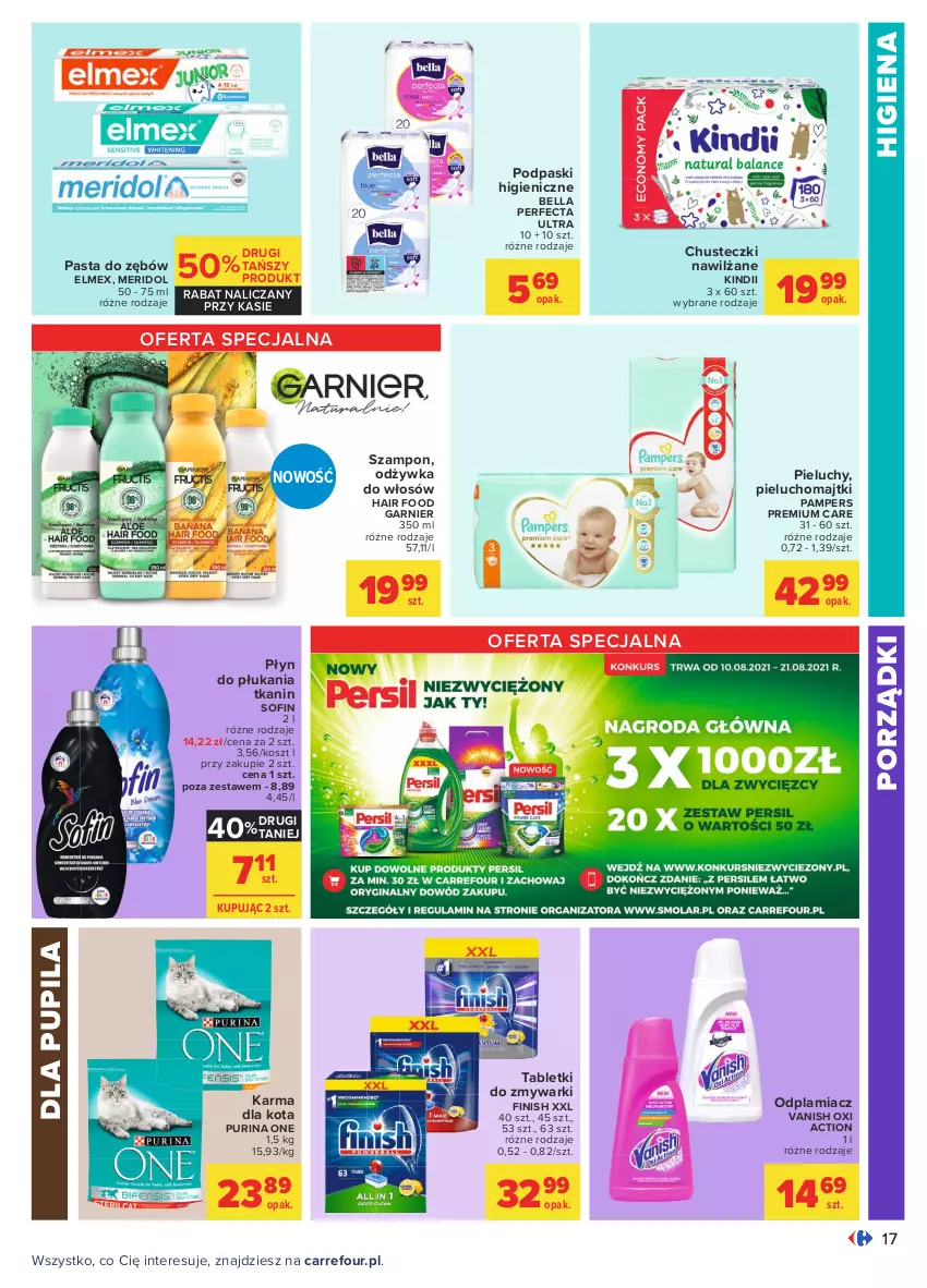 Gazetka promocyjna Carrefour - Gazetka Carrefour - ważna 09.08 do 21.08.2021 - strona 17 - produkty: Bell, Bella, Chusteczki, Elmex, Finish, Garnier, Kindii, Kosz, Majtki, Odplamiacz, Odżywka, Pampers, Pasta do zębów, Perfecta, Pieluchomajtki, Pieluchy, Płyn do płukania, Podpaski, Por, Pur, Purina, Szampon, Tablet, Tabletki do zmywarki, Vanish, Zmywarki