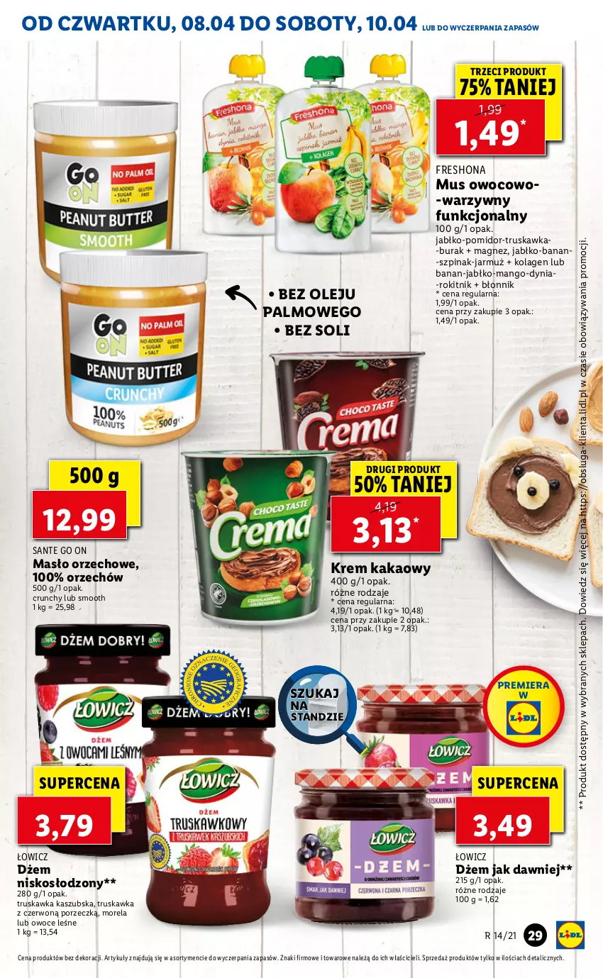 Gazetka promocyjna Lidl - Od Czwartku - ważna 08.04 do 10.04.2021 - strona 29 - produkty: Dżem, Jarmuż, Kakao, Kolagen, Magnez, Mango, Masło, Masło orzechowe, Morela, Mus, Olej, Owoce, Por, Sante, Szpinak