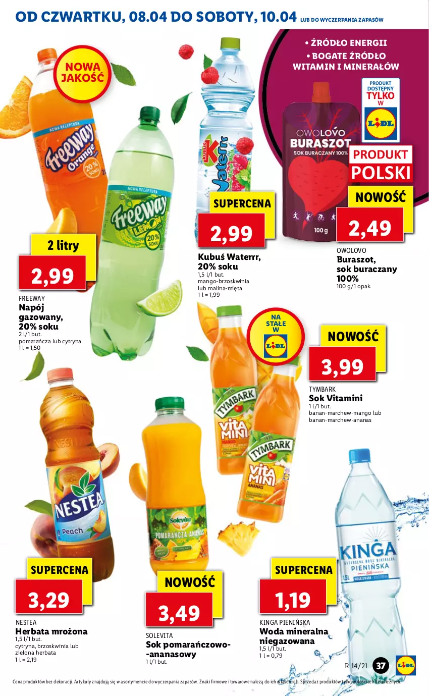 Gazetka promocyjna Lidl - Od Czwartku - ważna 08.04 do 10.04.2021 - strona 37 - produkty: Ananas, Herbata, Kubuś, Kubuś Waterrr, Mango, Mięta, Napój, Napój gazowany, Nestea, Sok, Tymbark, Woda, Woda mineralna