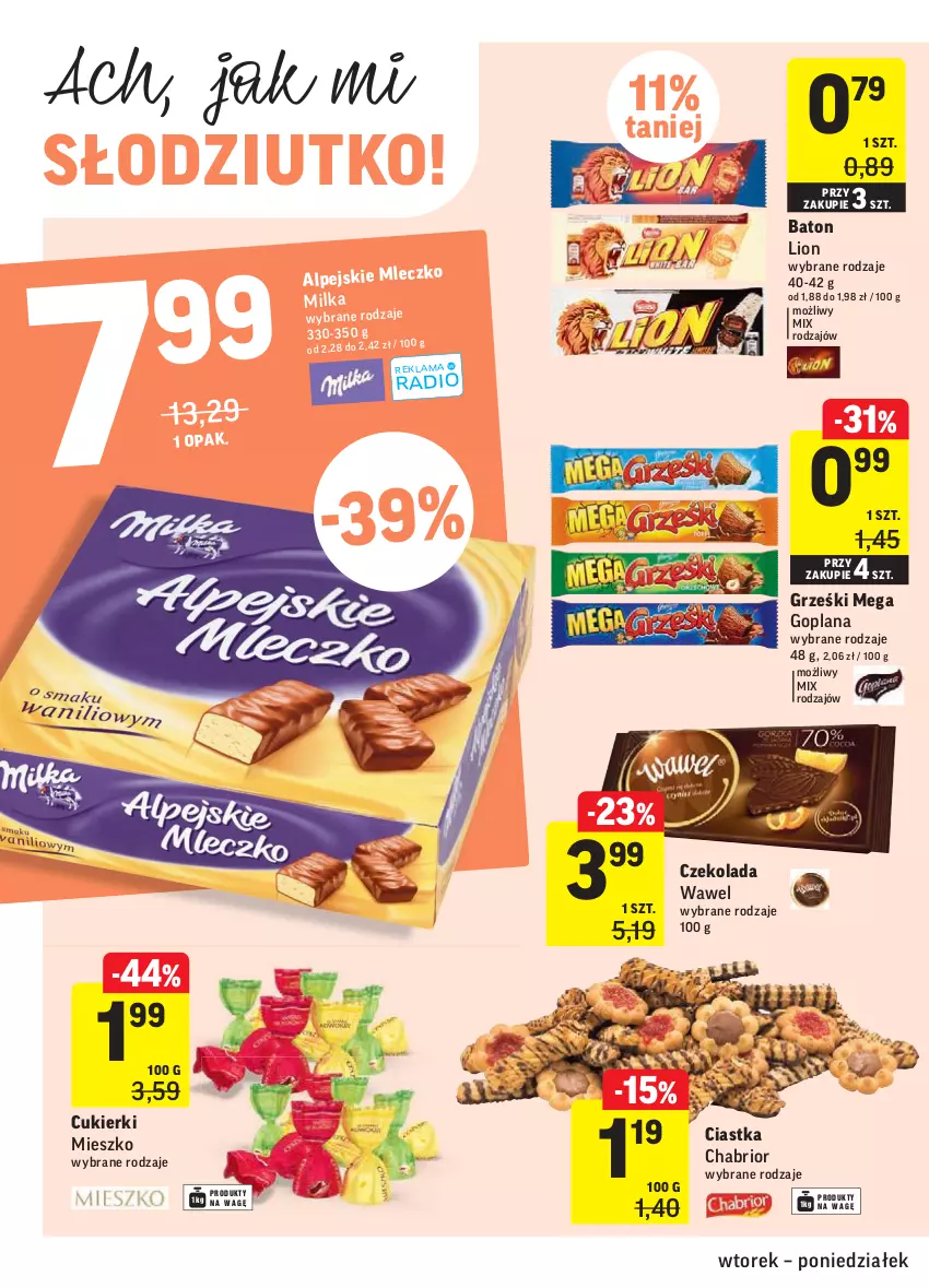 Gazetka promocyjna Intermarche - Okazje tygodnia - ważna 23.02 do 01.03.2021 - strona 22 - produkty: Baton, Chabrior, Ciastka, Cukier, Cukierki, Czekolada, Goplana, Grześki, LANA, Lion, Milka, Mleczko, Wawel