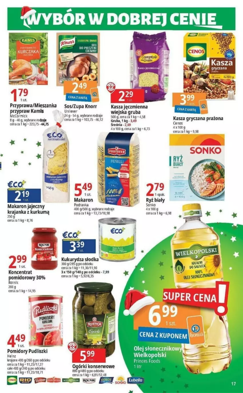 Gazetka promocyjna E Leclerc - ważna 21.11 do 02.12.2023 - strona 9 - produkty: Cenos, Gry, Kamis, Kasza, Kasza gryczana, Kasza jęczmienna, Knorr, Kukurydza, Makaron, Ogórki konserwowe, Olej, Podravka, Pomidory, Pudliszki, Rolnik, Ryż, Ryż biały, Ser, Sonko, Sos, Zupa