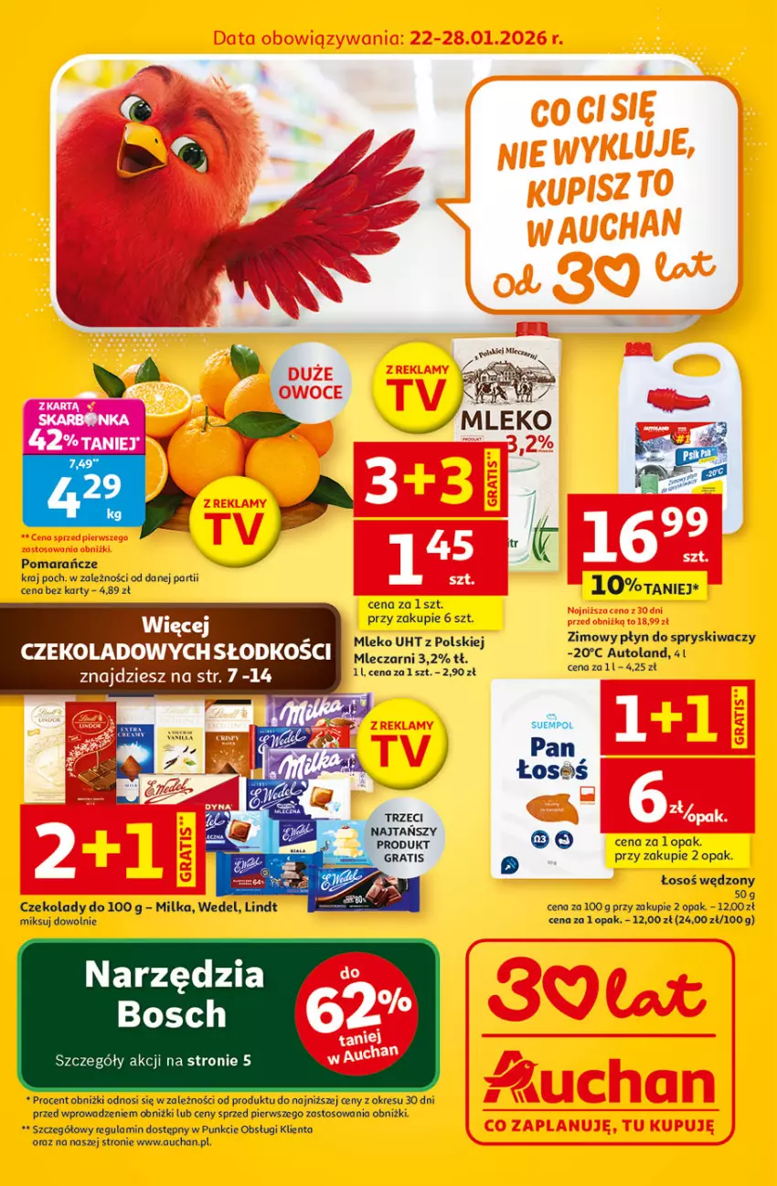 Gazetka promocyjna Auchan - 30 Lat Hipermarket - ważna 22.01 do 28.01.2026 - strona 1 - produkty: Bosch, Gra, Lindt, Miecz, Milka, Mleko, Płyn do spryskiwaczy, Pomarańcze, Suempol