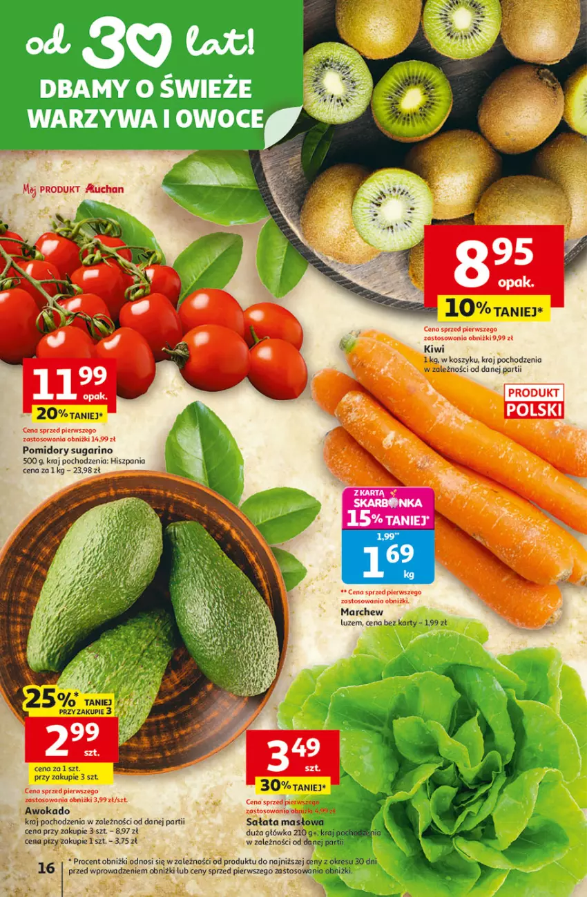 Gazetka promocyjna Auchan - 30 Lat Hipermarket - ważna 22.01 do 28.01.2026 - strona 16 - produkty: Kiwi, Kosz, Masło, Pomidory, Sałat, Sałata masłowa