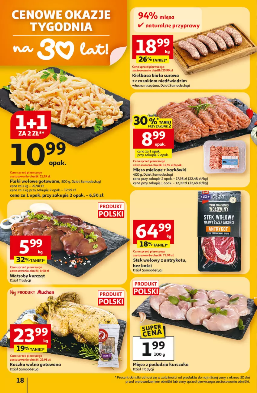 Gazetka promocyjna Auchan - 30 Lat Hipermarket - ważna 22.01 do 28.01.2026 - strona 18 - produkty: Flaki, Flaki wołowe, Kaczka, Kiełbasa, Kiełbasa biała, Kurczak, Mięso, Mięso mielone, Stek, Stek wołowy