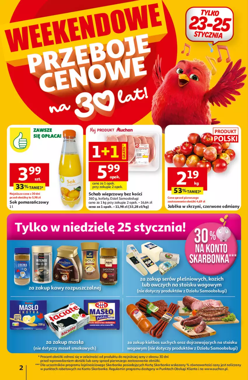 Gazetka promocyjna Auchan - 30 Lat Hipermarket - ważna 22.01 do 28.01.2026 - strona 2 - produkty: Gra, Jabłka, Kotlet, Schab wieprzowy, Ser, Sok, Sok pomarańczowy