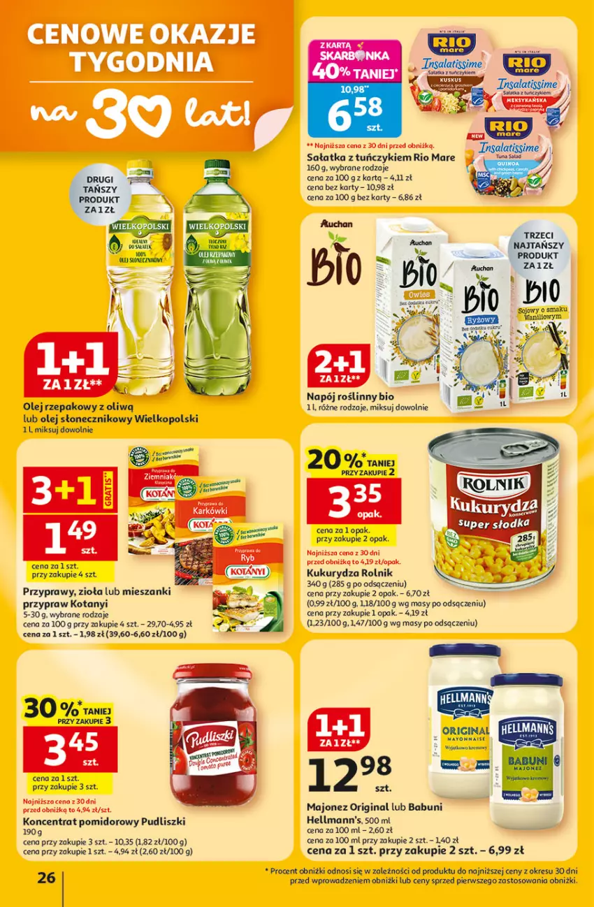 Gazetka promocyjna Auchan - 30 Lat Hipermarket - ważna 22.01 do 28.01.2026 - strona 26 - produkty: Babuni, Gin, Koncentrat pomidorowy, Kukurydza, Majonez, Napój, Napój roślinny, Olej, Olej rzepakowy, Olej słonecznikowy, Przyprawy, Pudliszki, Rio Mare, Rolnik, Sałat, Sałatka, Tuńczyk