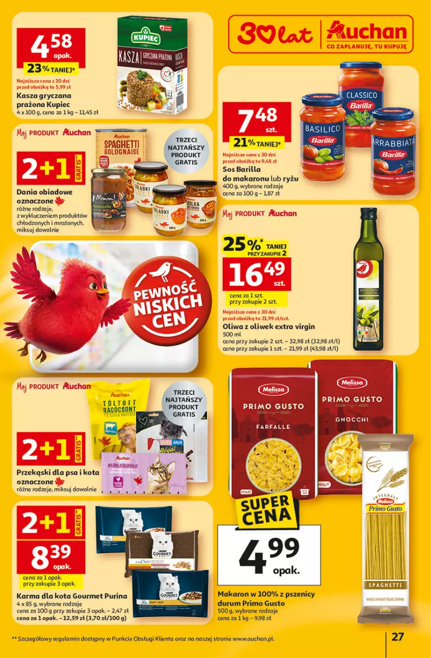 Gazetka promocyjna Auchan - 30 Lat Hipermarket - ważna 22.01 do 28.01.2026 - strona 27 - produkty: Barilla, Gin, Gry, Kasza, Kasza gryczana, Kupiec, Makaron, Oliwa, Oliwa z oliwek, Piec, Przekąski dla psa, Pur, Purina, Rum, Ryż, Sos, Spaghetti