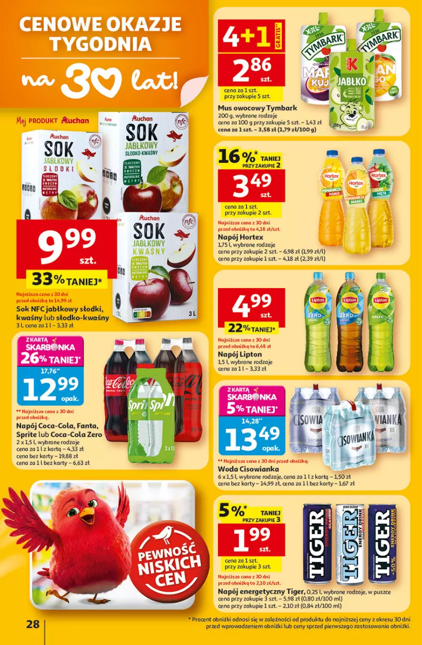 Gazetka promocyjna Auchan - 30 Lat Hipermarket - ważna 22.01 do 28.01.2026 - strona 28 - produkty: Cisowianka, Coca-Cola, Fa, Fanta, Hortex, Lipton, Mus, Napój, Napój energetyczny, Sok, Sprite, Tiger, Tymbark, Woda