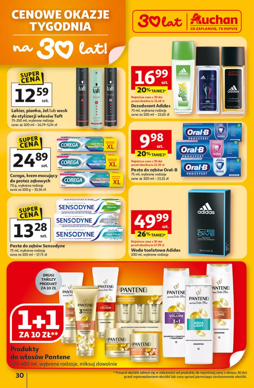 Gazetka promocyjna Auchan - 30 Lat Hipermarket - ważna 22.01 do 28.01.2026 - strona 30 - produkty: Adidas, Corega, Dezodorant, Lakier, Pantene, Pasta do zębów, Por, Sensodyne, Taft, Woda, Woda toaletowa