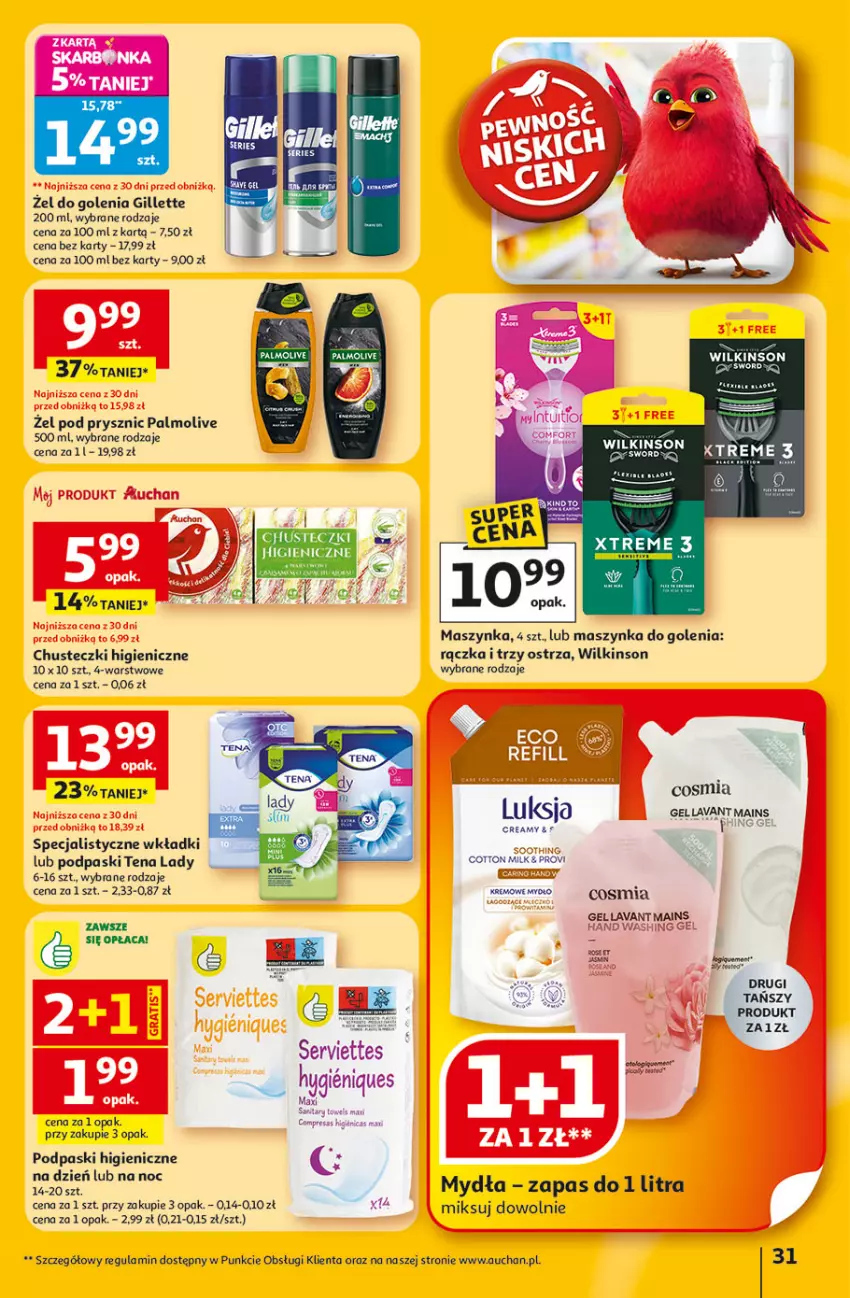 Gazetka promocyjna Auchan - 30 Lat Hipermarket - ważna 22.01 do 28.01.2026 - strona 31 - produkty: Chusteczki, Gillette, Luksja, Maszynka, Maszynka do golenia, Mydło, Palmolive, Podpaski, Ser, Szynka, Wkładki
