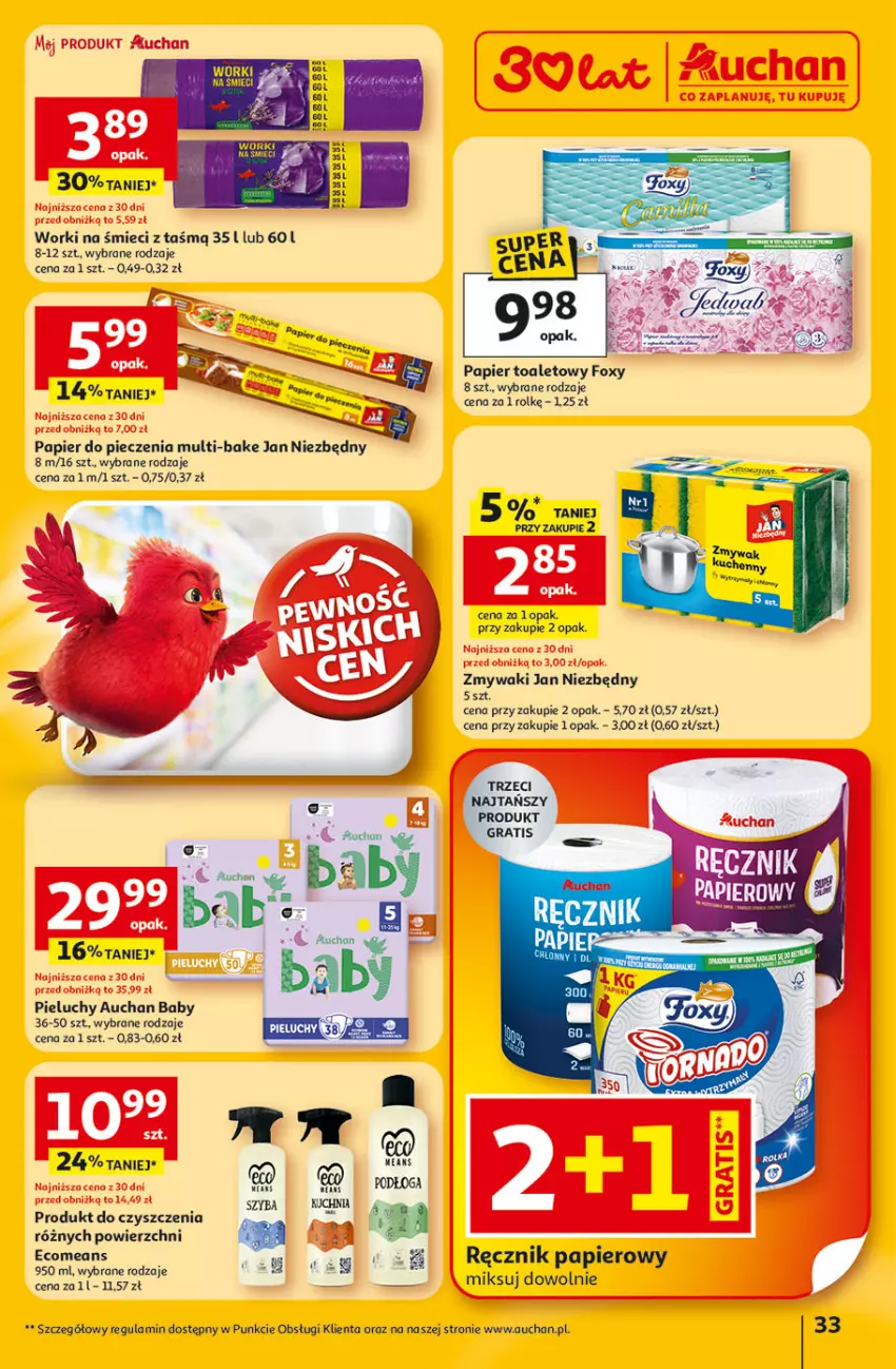 Gazetka promocyjna Auchan - 30 Lat Hipermarket - ważna 22.01 do 28.01.2026 - strona 33 - produkty: Foxy, Gra, Jan Niezbędny, Koc, Papier, Papier do pieczenia, Papier toaletowy, Piec, Pieluchy, Ręcznik, Worki na śmiec, Worki na śmieci