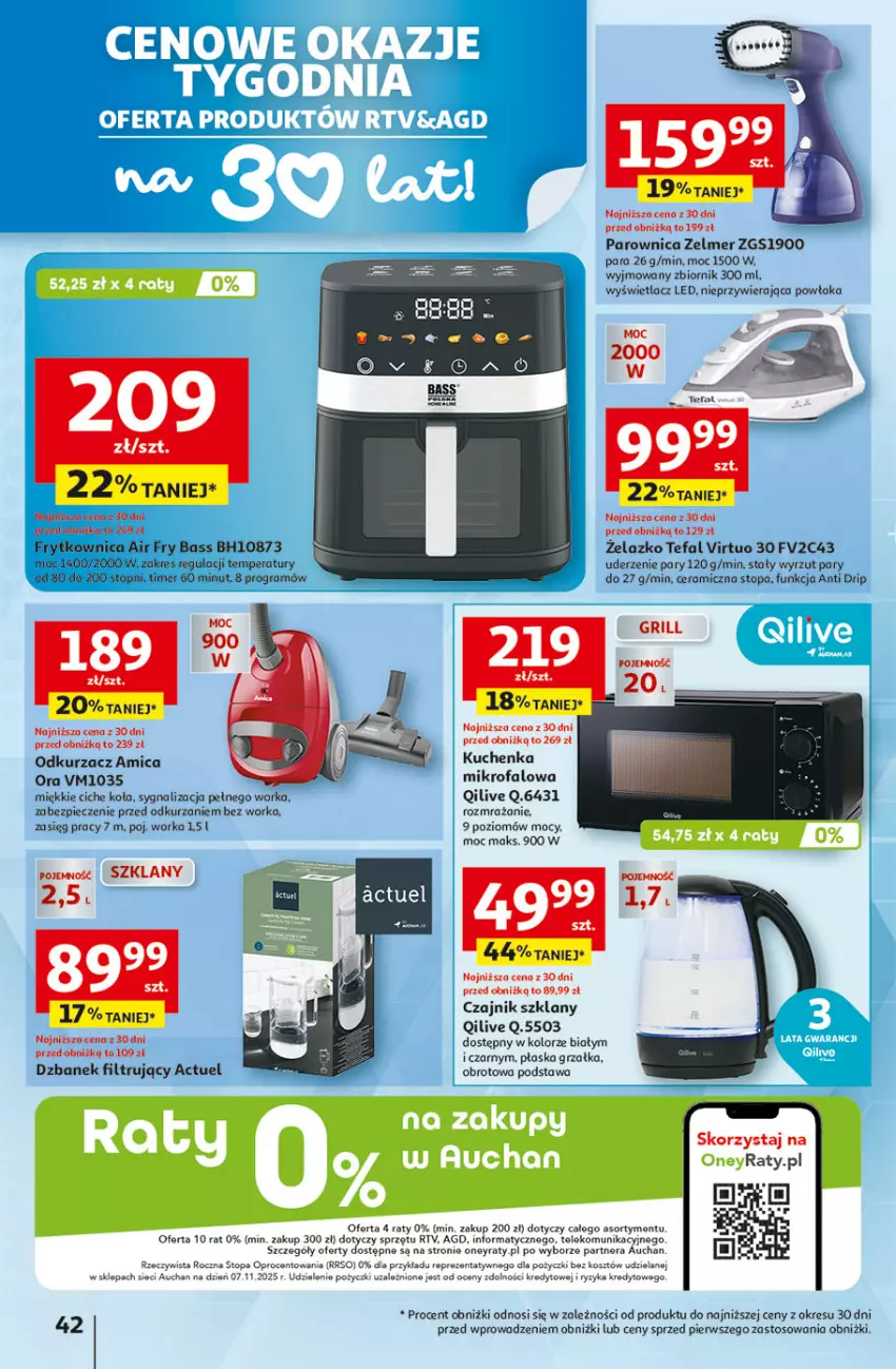 Gazetka promocyjna Auchan - 30 Lat Hipermarket - ważna 22.01 do 28.01.2026 - strona 42 - produkty: Amica, Czajnik, Dzbanek, Dzbanek filtrujący, Fa, Gra, Grill, Grzałka, Kosz, Kuchenka mikrofalowa, Odkurzacz, Orka, Parownica, Piec, Tefal, Top, Virtu, Zelmer