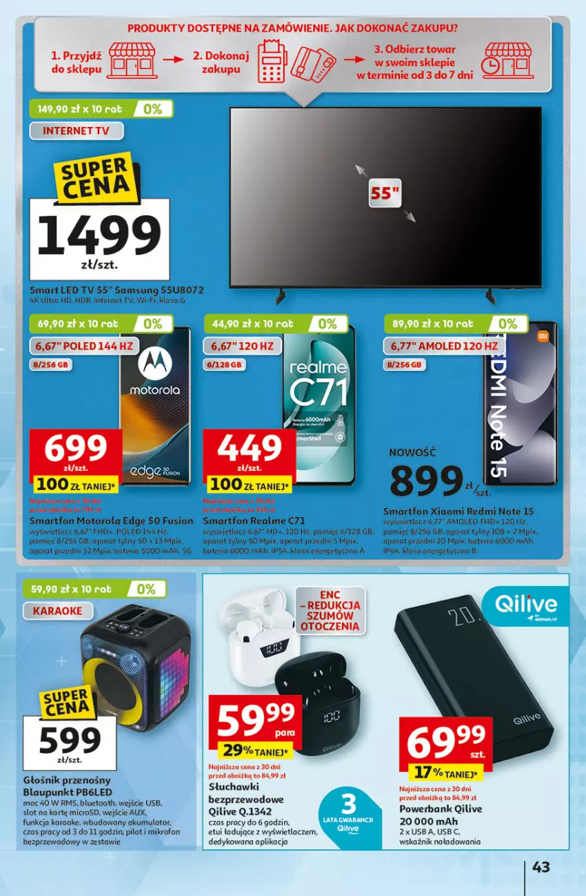 Gazetka promocyjna Auchan - 30 Lat Hipermarket - ważna 22.01 do 28.01.2026 - strona 43 - produkty: Akumulator, Amol, Bateria, Fusion, Głośnik, LED TV, Mikrofon, Motorola, Powerbank, Redmi Note, Samsung, Słuchawki, Słuchawki bezprzewodowe, Smartfon