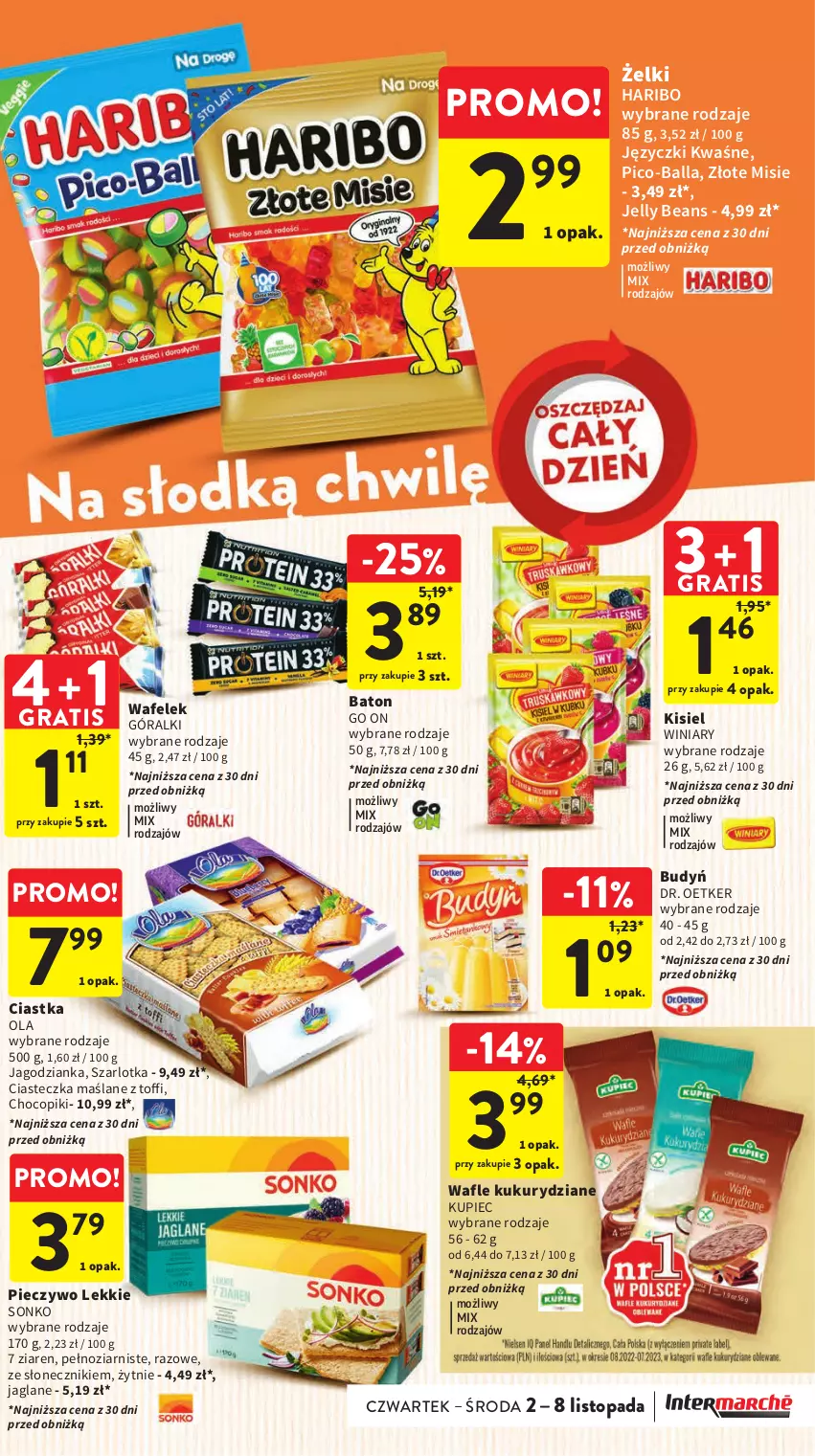 Gazetka promocyjna Intermarche - Gazetka Intermarche - ważna 02.11 do 08.11.2023 - strona 31 - produkty: Baton, Budyń, Ciastka, Dr. Oetker, Góralki, Gra, Haribo, Jagodzianka, Jelly beans, Kisiel, Kupiec, Pico-Balla, Piec, Pieczywo, Sonko, Szarlotka, Top, Wafelek, Wafle, Winiary