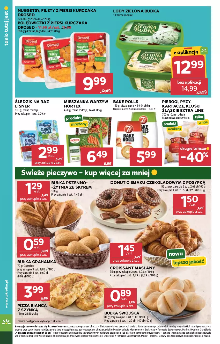 Gazetka promocyjna Stokrotka - Market - ważna 27.08 do 02.09.2026 - strona 10 - produkty: Bake Rolls, Bułka, Bułka grahamka, Croissant, Donut, Gra, Hortex, Kurczak, Lisner, Lody, Mięso, Mieszanka warzyw, Optima, Owoce, Piec, Pieczywo, Pierogi, Pizza, Warzywa, Zielona Budka